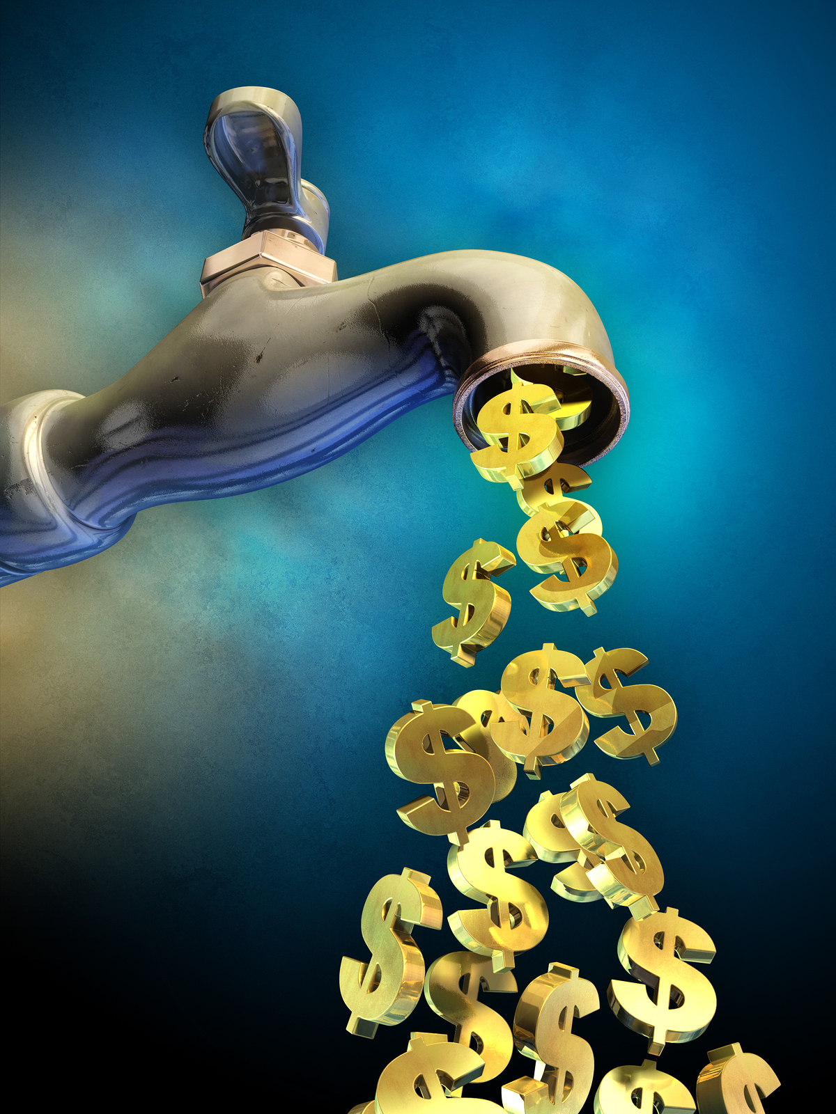 Dollar symbols flowing from an open faucet. Digital illustration